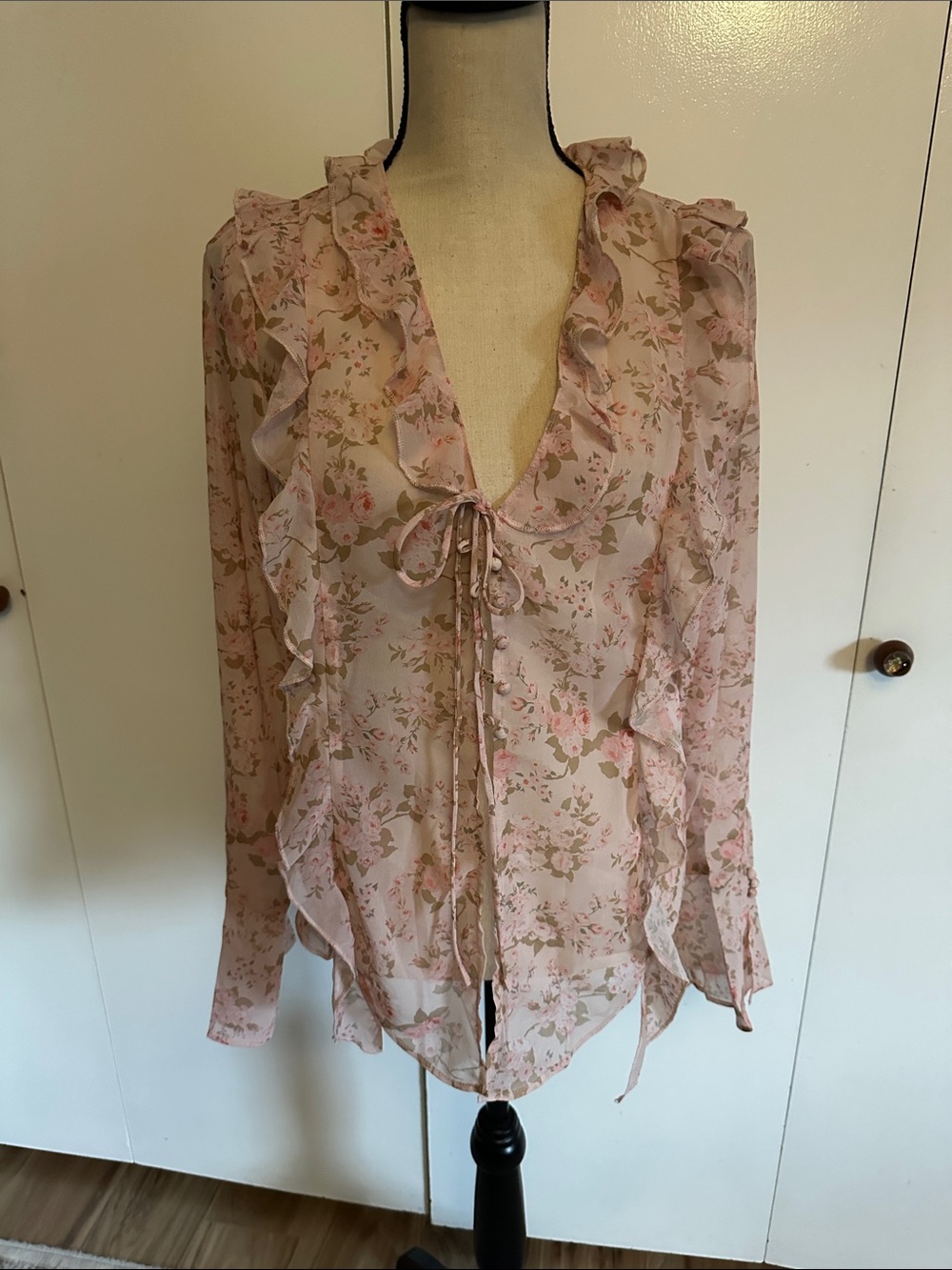 Sheer Ruffle-Trim Floral Blouse in Blush Pink size large
